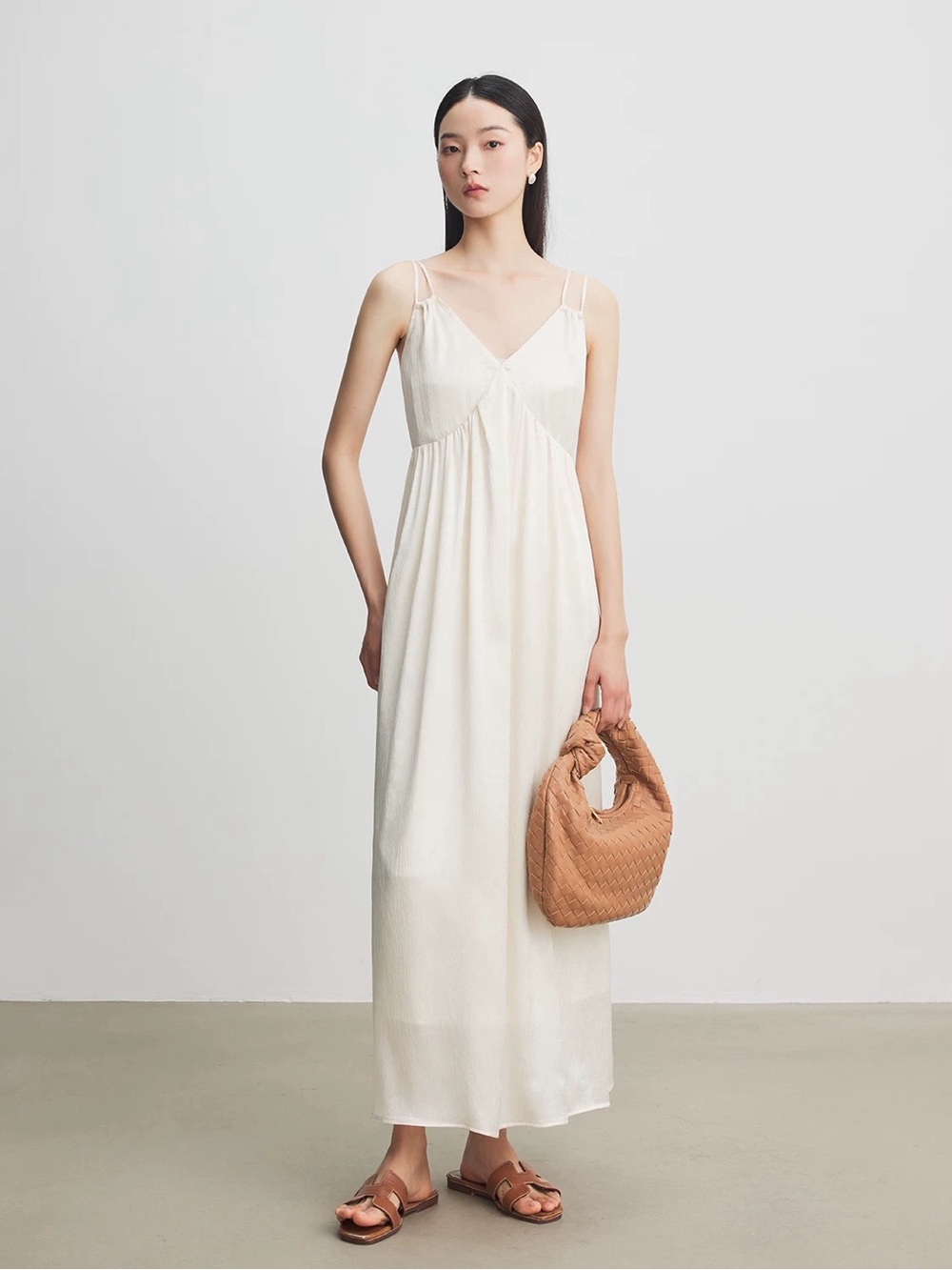 Women's Cream V-Neck Slip silky Maxi Dress